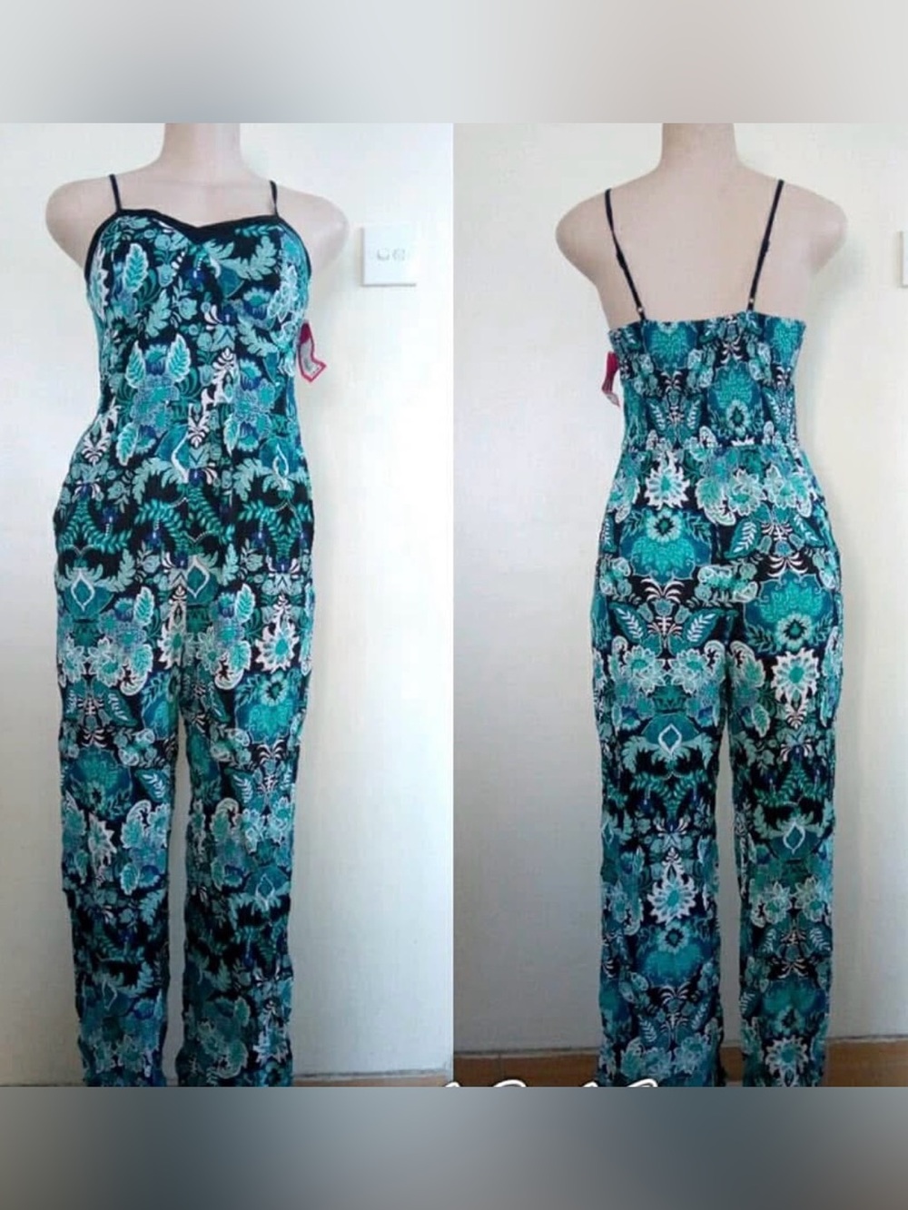 Xhilaration Teal Floral Spaghetti-Strap Jumpsuit